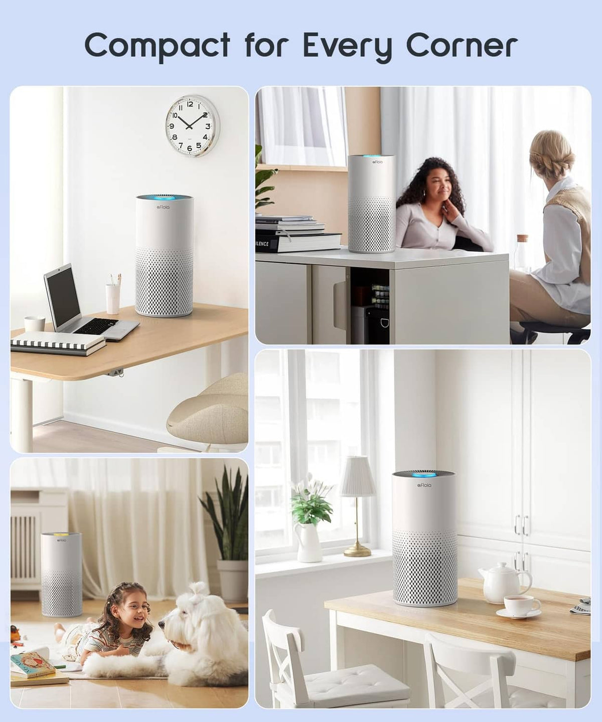 White air purifier cylinder placed on furniture, compact design with blue LED top