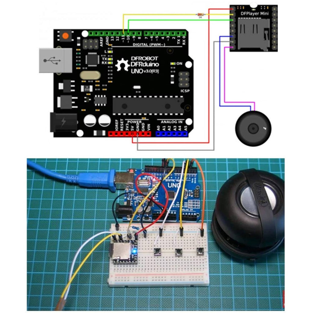 DFPlayer Mini MP3 player module wiring diagram with speaker and Arduino connection
