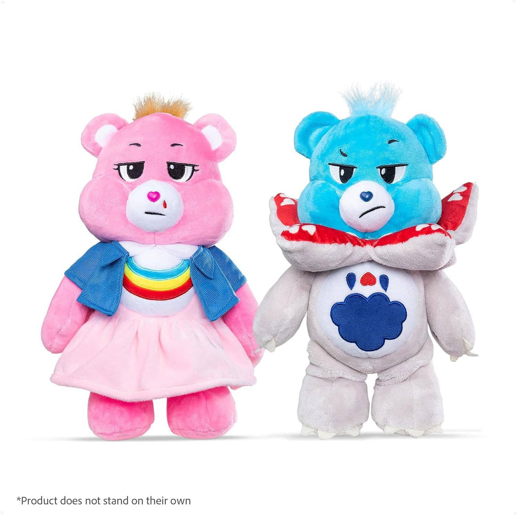 Pair of plush bear dolls: pink bear in rainbow scarf outfit and blue bear in white