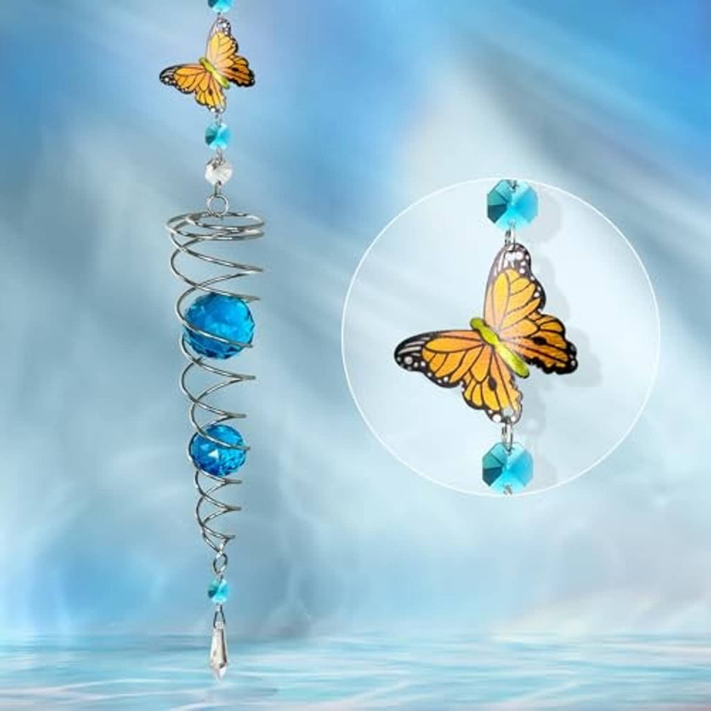 Butterfly wind spinner sun catcher with yellow butterfly charm and blue gazing balls spiral