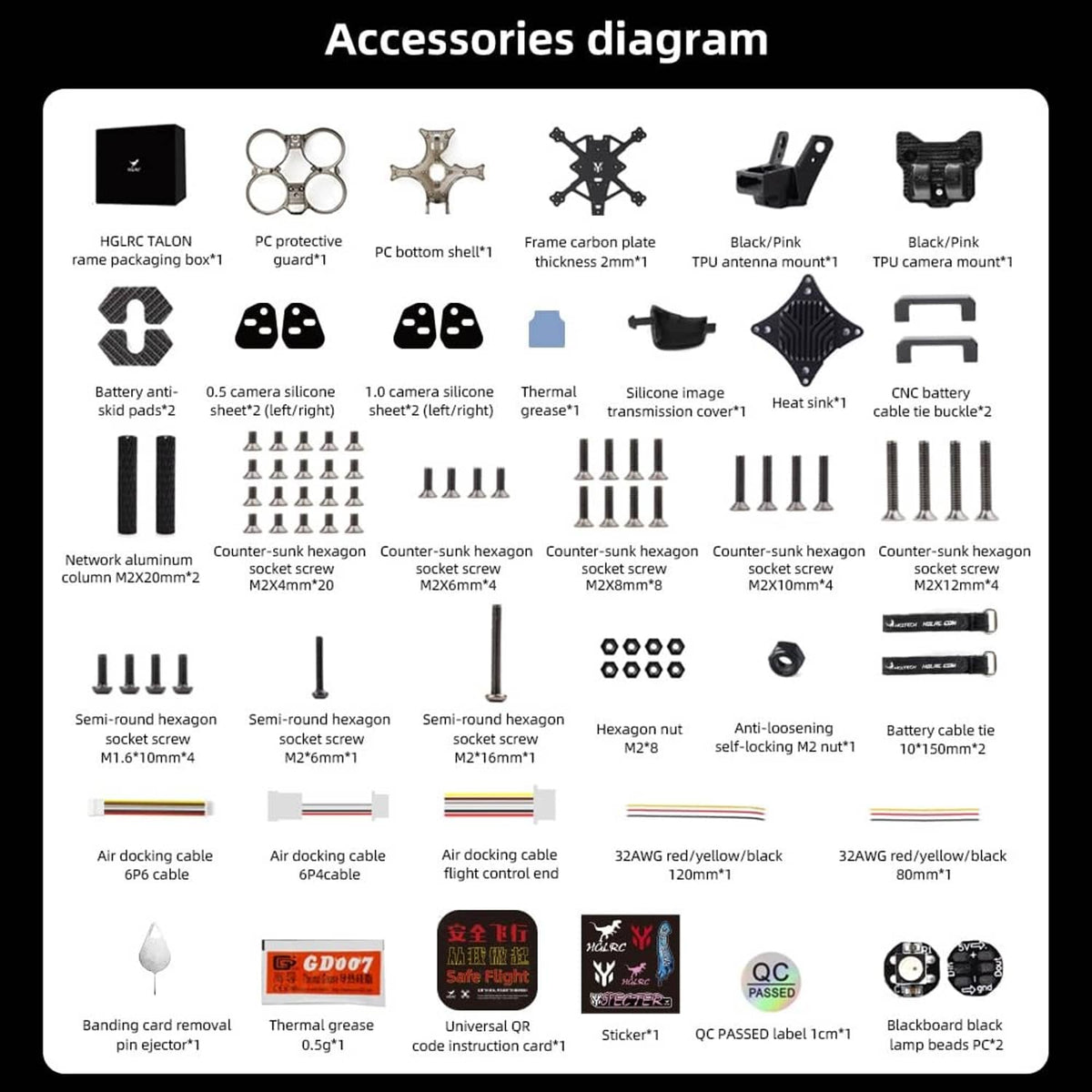 Accessories diagram for black cinewhoop FPV drone frame with mounts, pads, and screws
