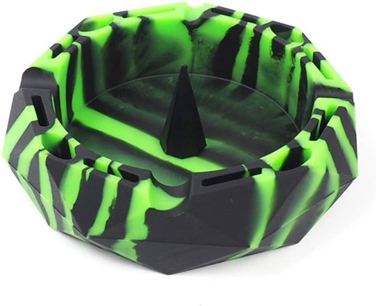 Octagonal neon green ashtray with black pattern, faceted sides, and central cone insert