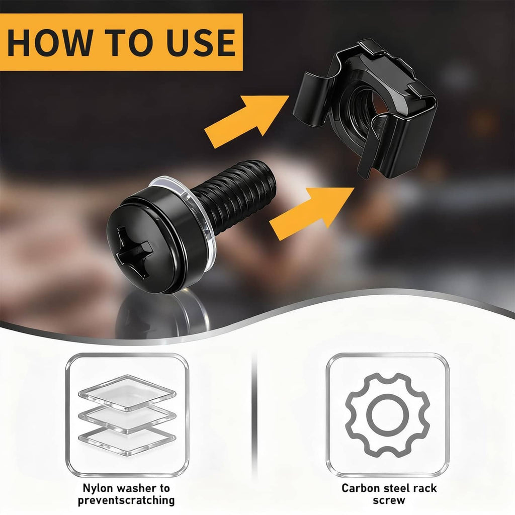 Black rack mount screw with cage nut and nylon washer, assembly shown
