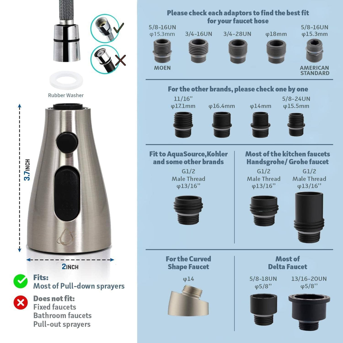 Brushed nickel faucet head sprayer with multiple threaded adapters and rubber washers