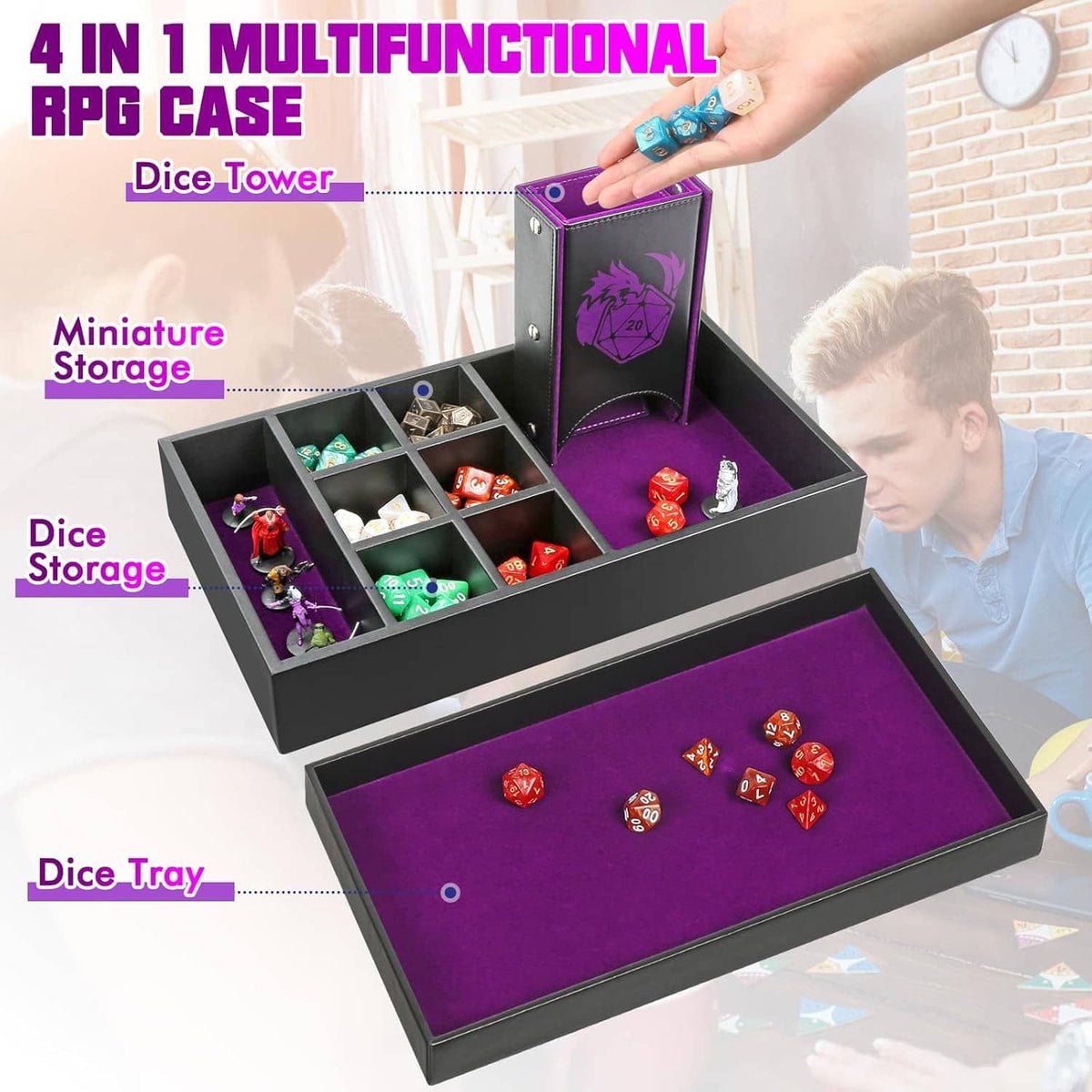 Open RPG dice holder case with purple-lined tower and multi-compartment tray