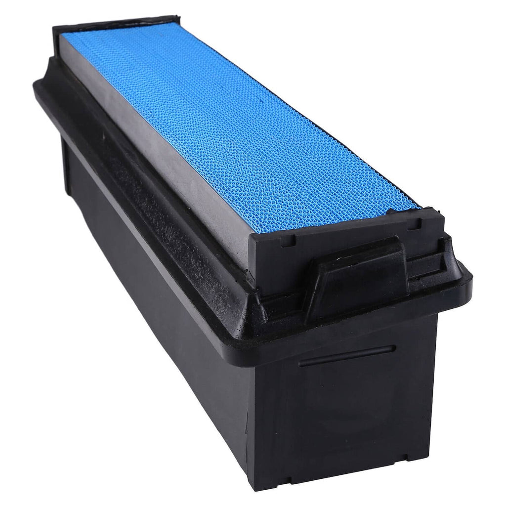 Engine air filter with black plastic housing and blue pleated filter media