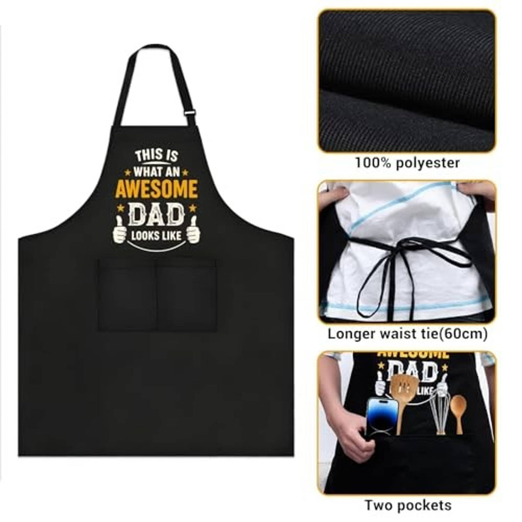 Black apron with two front pockets and “Awesome Dad” print; polyester
