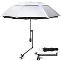 Golf umbrella with white canopy and dark underside, adjustable frame and stand mount.