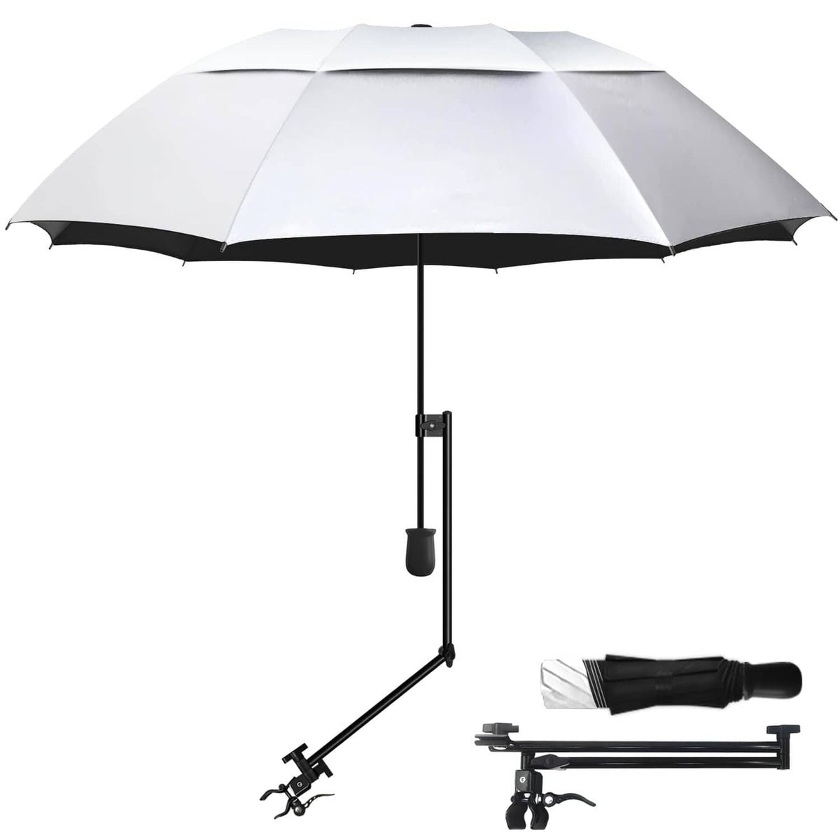 Golf umbrella with white canopy and dark underside, adjustable frame and stand mount.