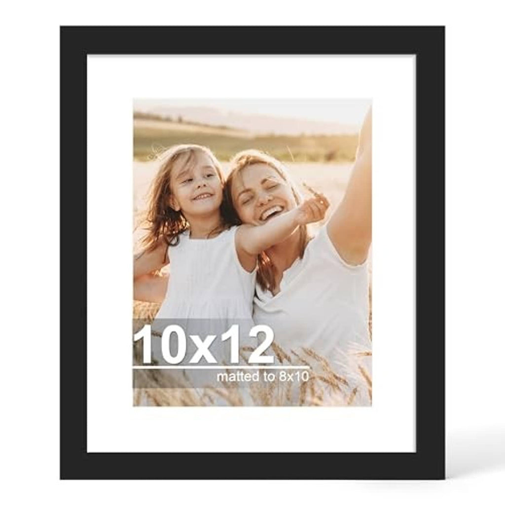 Black 10x12 picture frame with glass and white mat, front view with photo