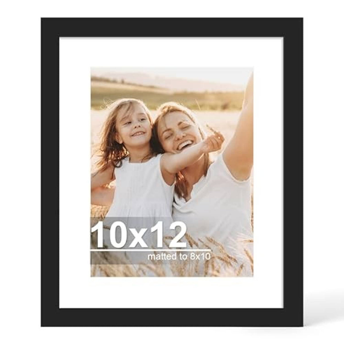 Black 10x12 picture frame with glass and white mat, front view with photo