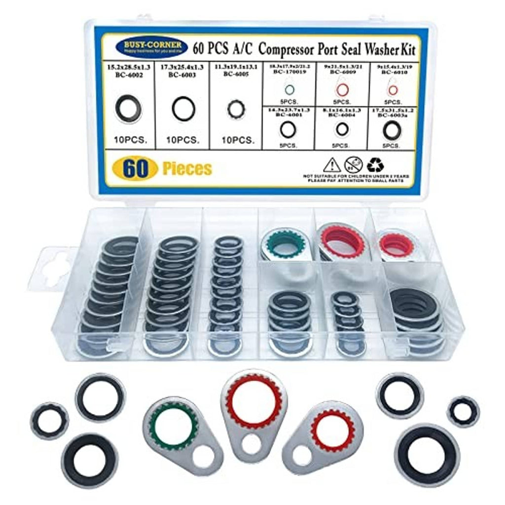 Car A/C compressor port seal washer kit with multiple washers and O-rings in organizer