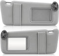 Gray front sun visors pair with rectangular mirror openings and mounting clips
