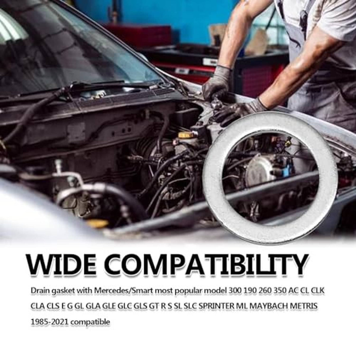 Silver oil drain plug gasket washer on car engine bay, circular sealing ring
