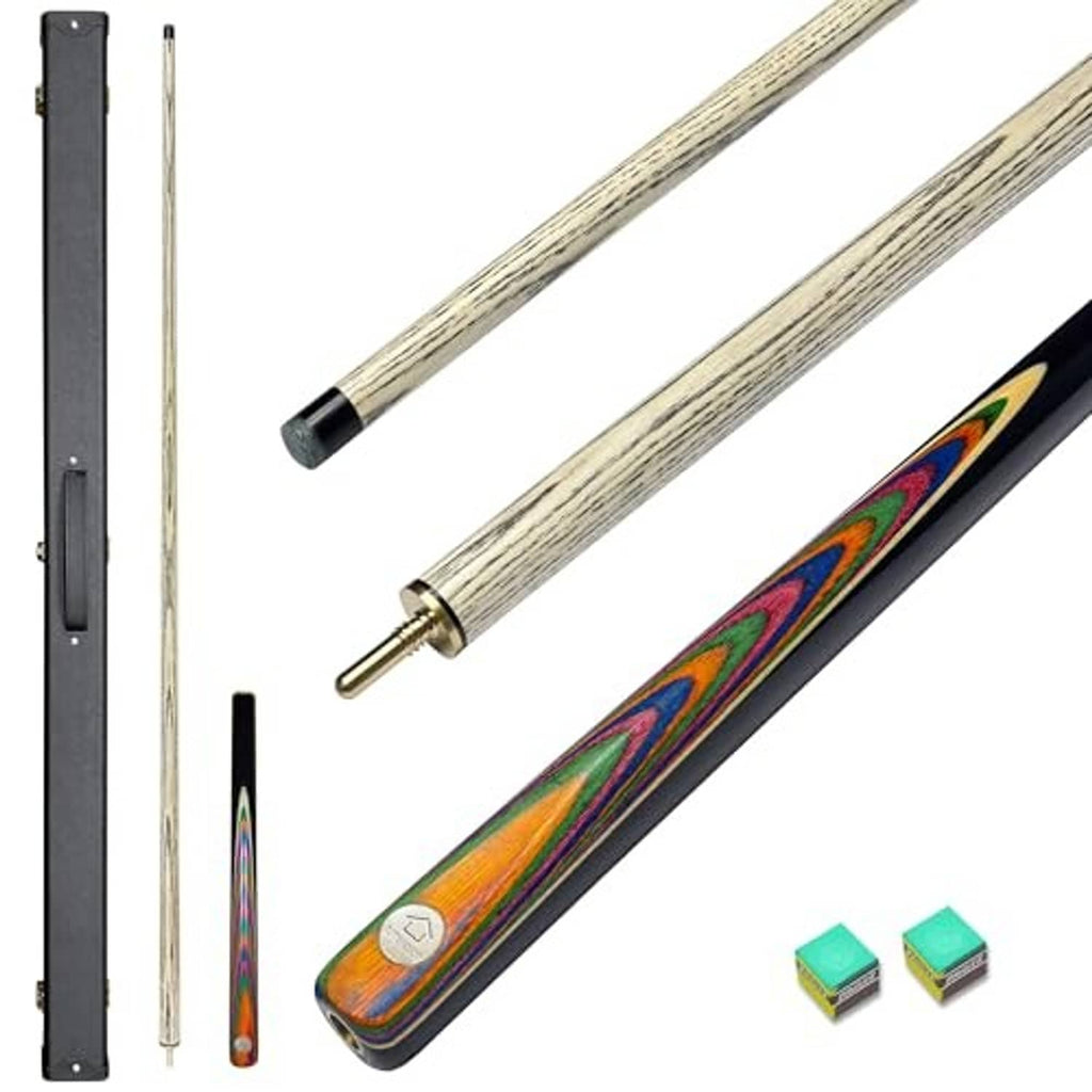 Pool cue stick with light wood shafts and colorful patterned handle, shown with dark case