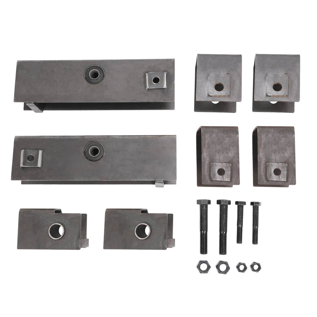 Steel trailer slipper spring hanger kit with two beams, small blocks, and mounting bolts