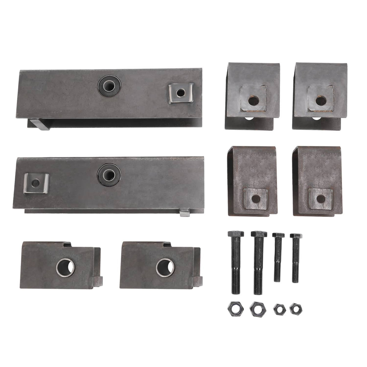 Steel trailer slipper spring hanger kit with two beams, small blocks, and mounting bolts