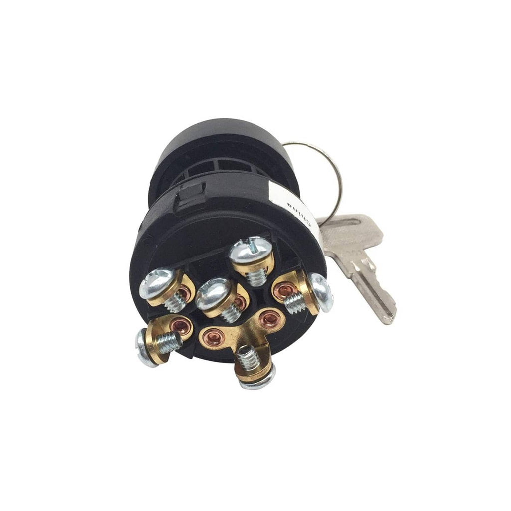 Ignition switch with key, black base and copper-colored electrical contacts