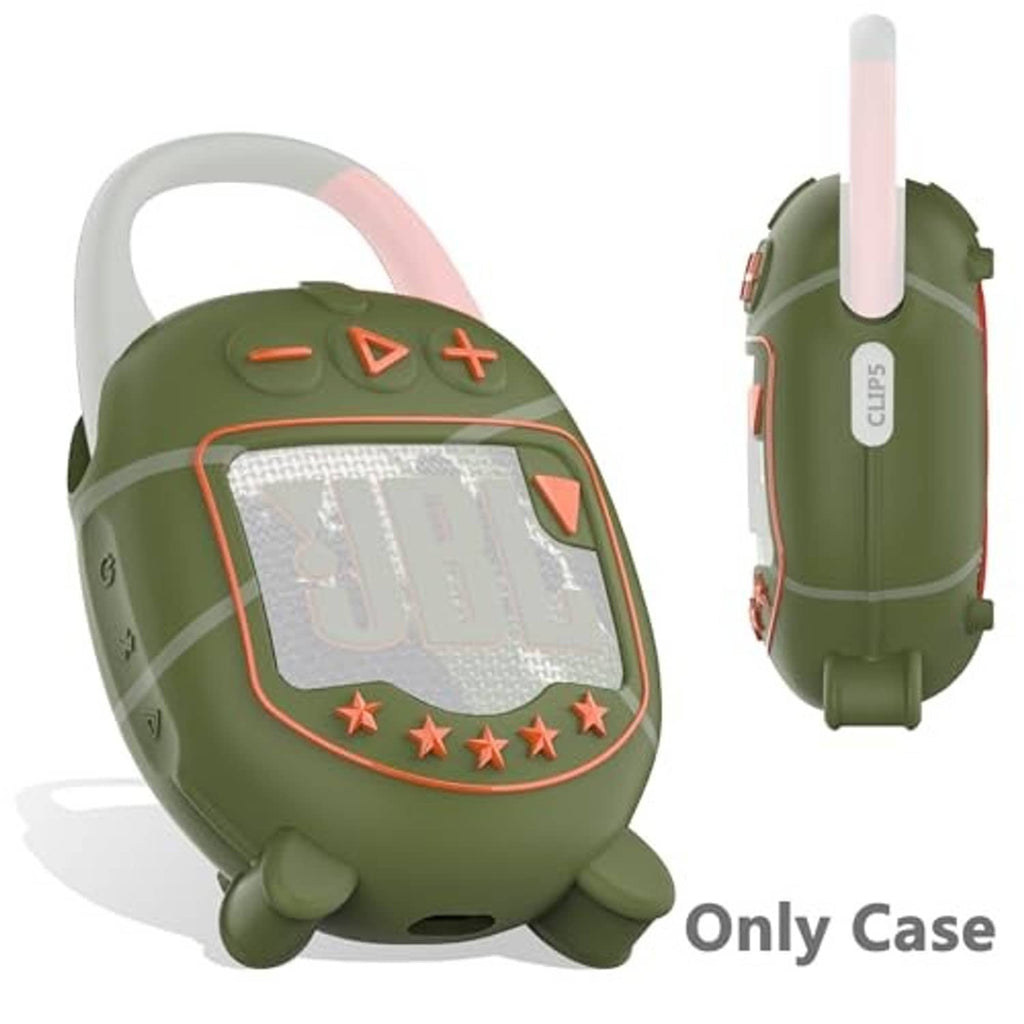 Olive silicone speaker case with pink handle and clear window, orange outline