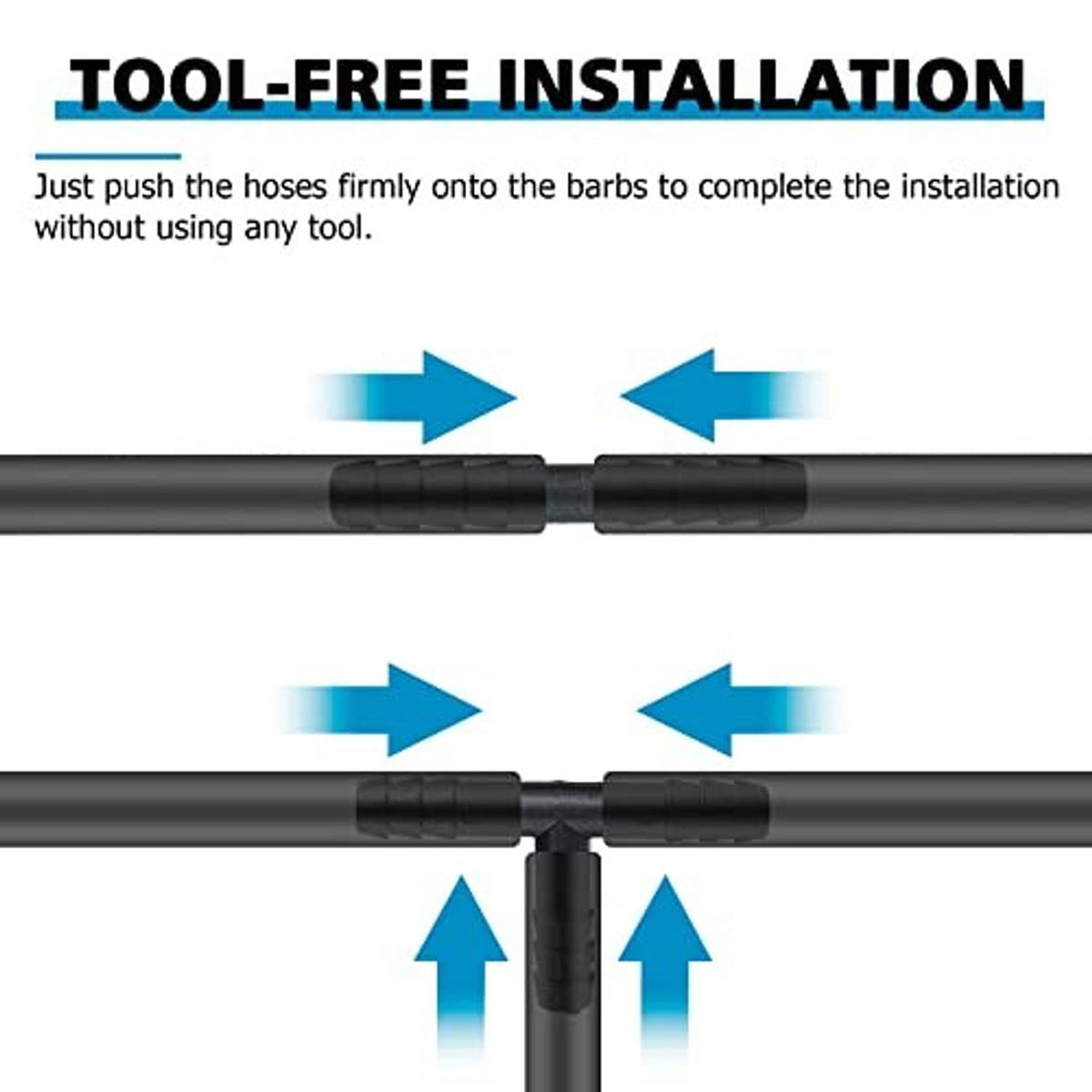 Black vacuum tubing connector joining two hoses, shown with alignment arrows