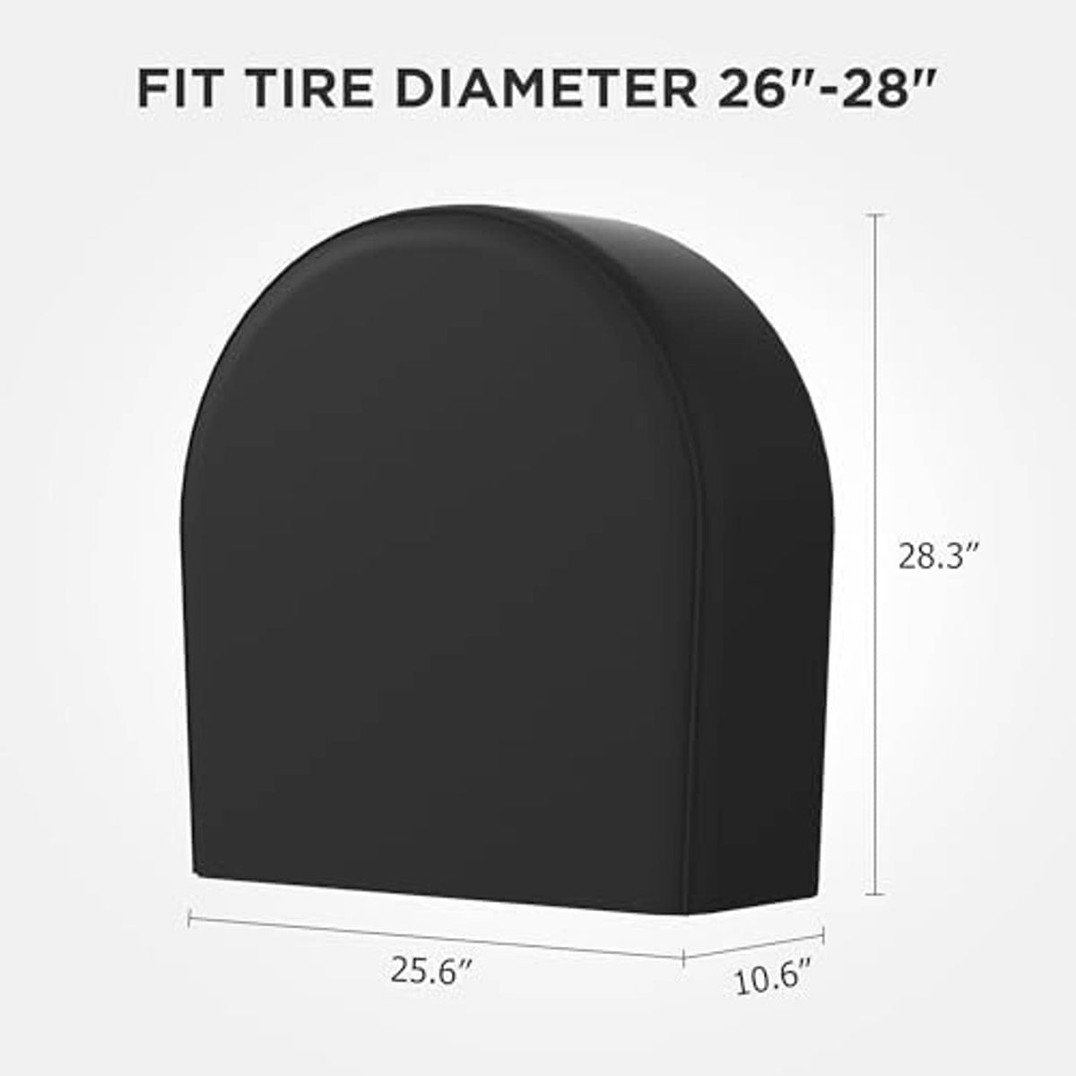 Black arched RV tire cover with curved top and fitted bottom edge