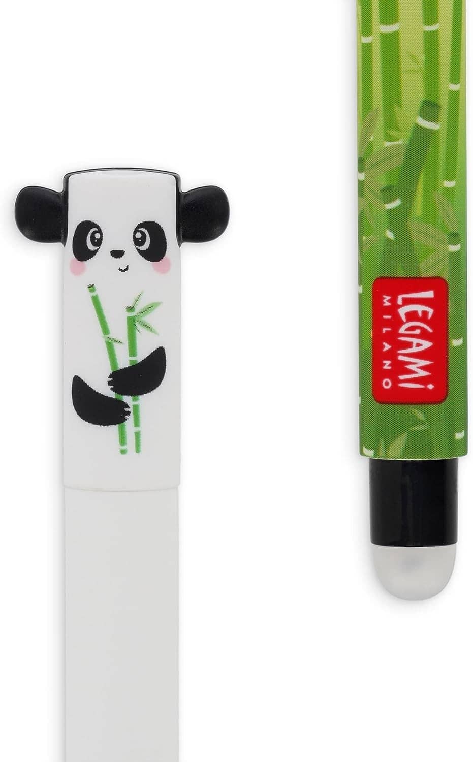 Erasable gel pen with green bamboo pattern barrel and panda-ear cap, black tip shown