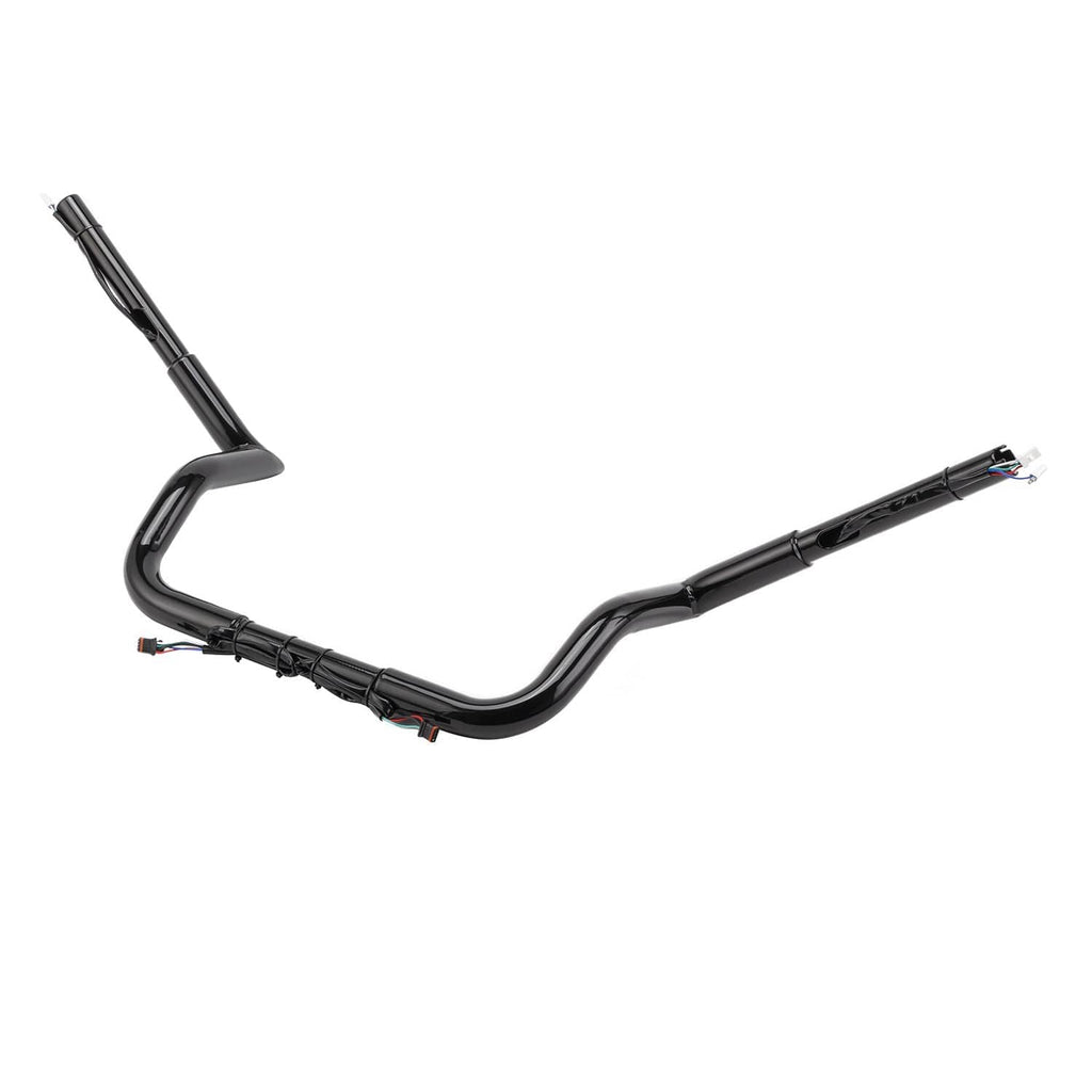 Gloss black pre-wired motorcycle handlebar, low sweep bends with exposed wiring ends