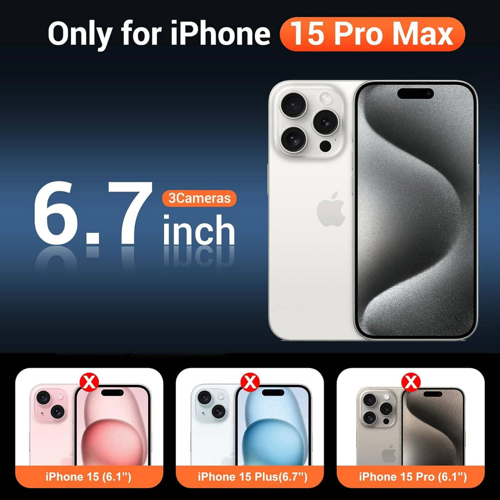Clear iPhone 15 Pro Max case shown on front and back, with camera cutouts