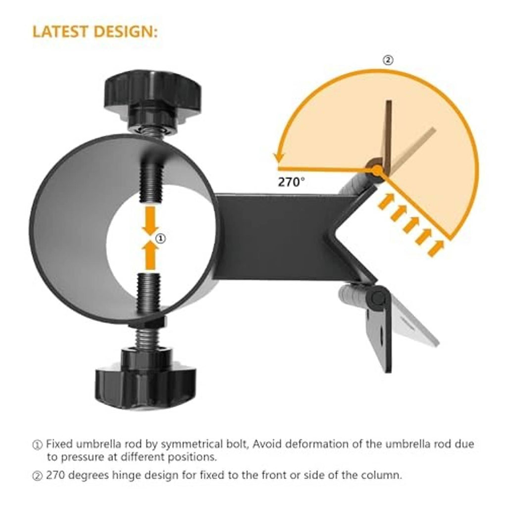 Black umbrella mount holder with 270-degree hinge bracket and adjustable clamping arm