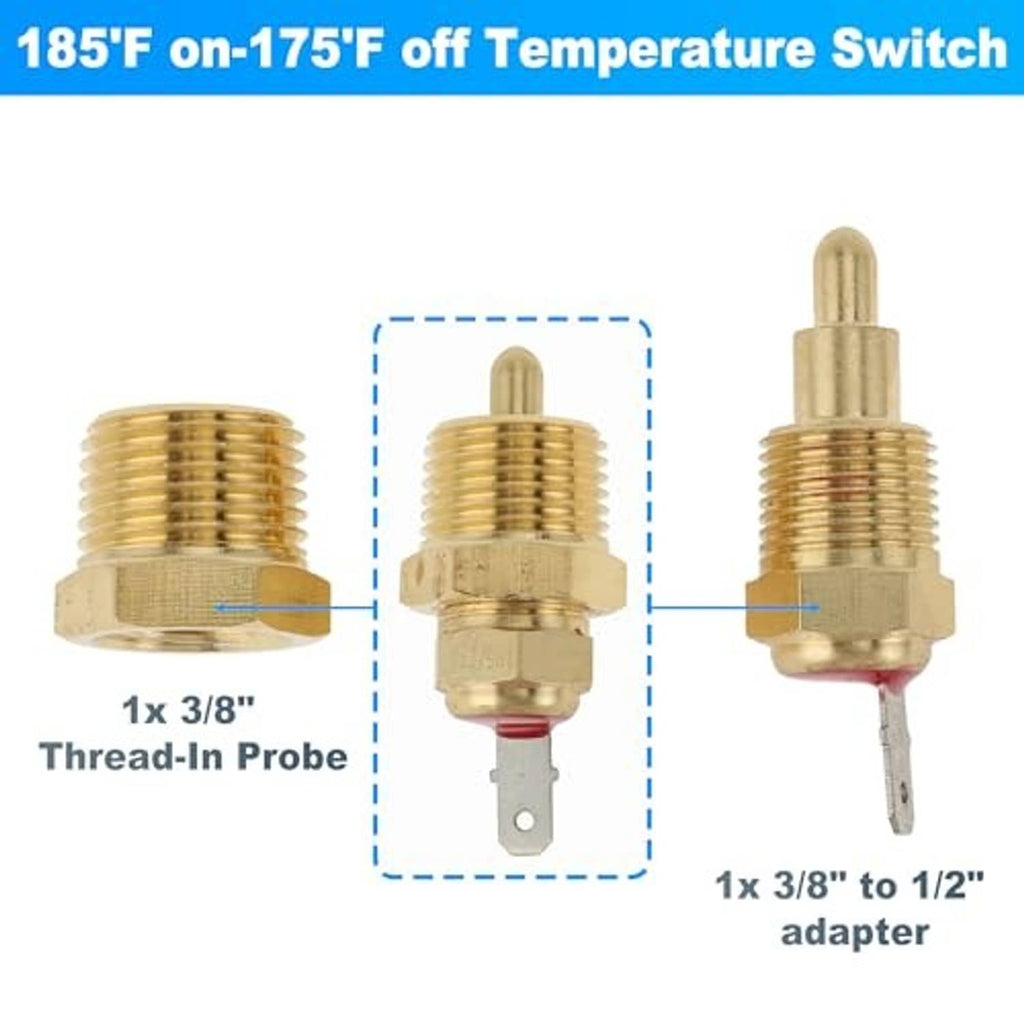 185°F on-175°F off temperature switch with threaded brass probe and adapter fitting