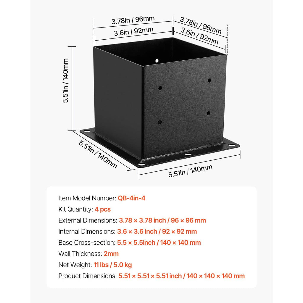 Black 4x4 post base bracket, 3.6 in inner size with base plate and drilled holes
