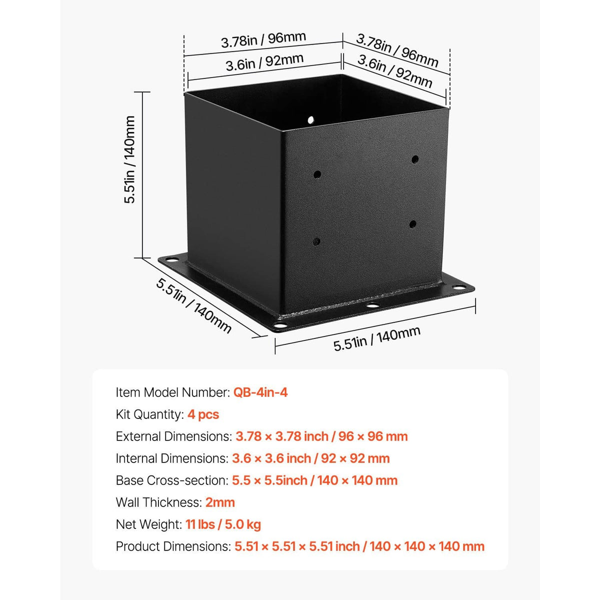 Black 4x4 post base bracket, 3.6 in inner size with base plate and drilled holes