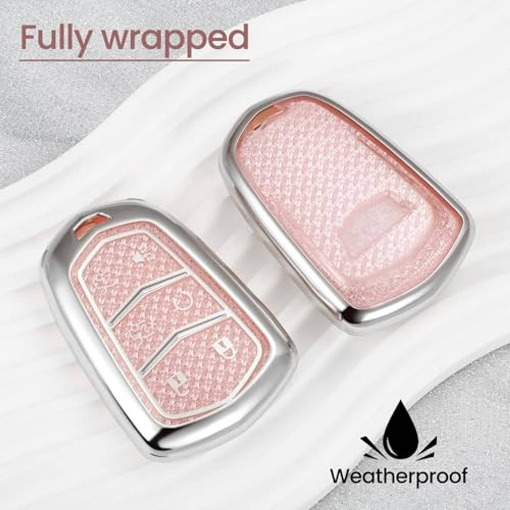 Pink glitter key fob covers with silver trim, two styles shown