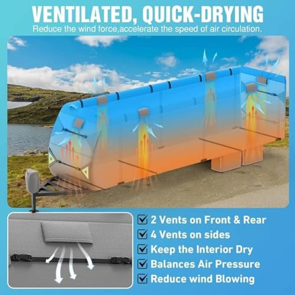 Gray RV cover with front and side vents for quick drying and reduced wind pressure.