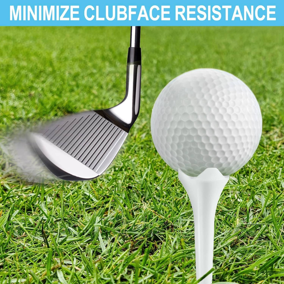 White plastic golf tee supporting a golf ball beside a club on grass