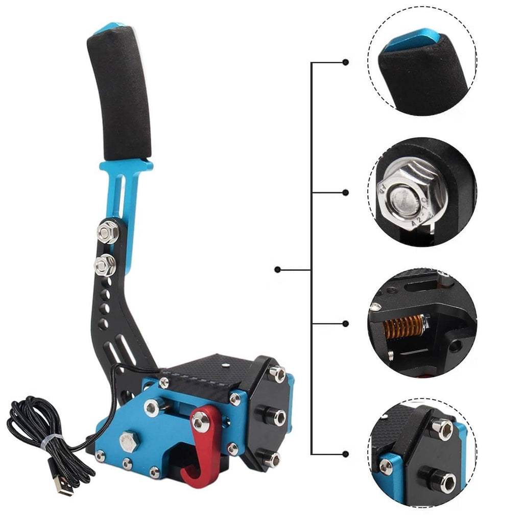 USB handbrake with black lever handle, blue mount plate, and detailed wheel-side hardware