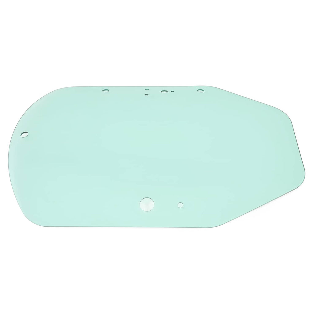 Light green cab door glass with rows of mounting holes and circular fastener marks