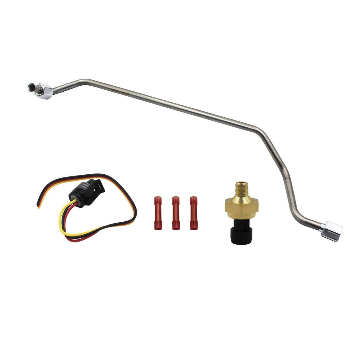 Exhaust back pressure sensor replacement tube with electrical connector, brass sensor, red seals