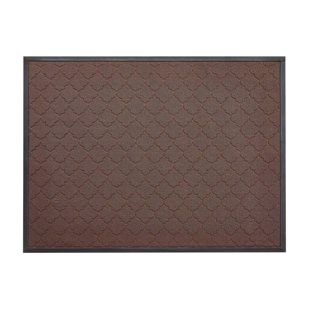 Brown rectangular front door mat with hexagon pattern and dark edging