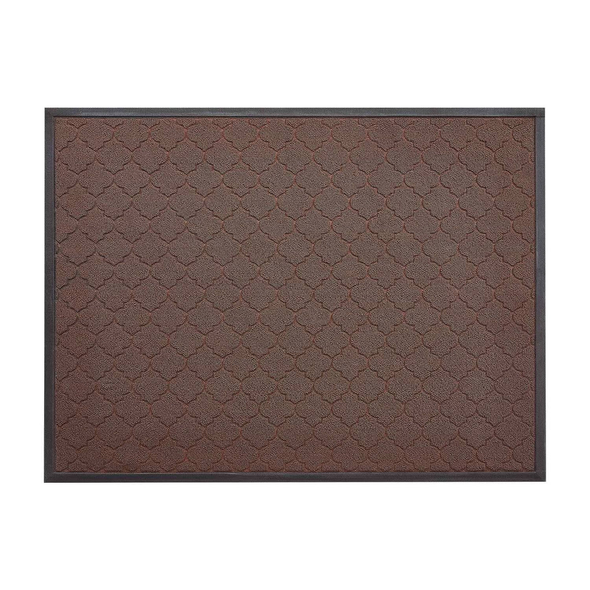 Brown rectangular front door mat with hexagon pattern and dark edging