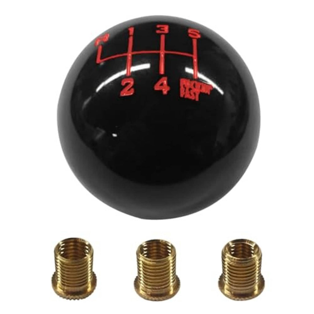 Black 6-speed shift knob with red shift pattern; three brass threaded adapters