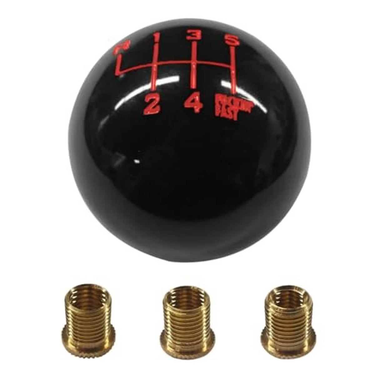 Black 6-speed shift knob with red shift pattern; three brass threaded adapters