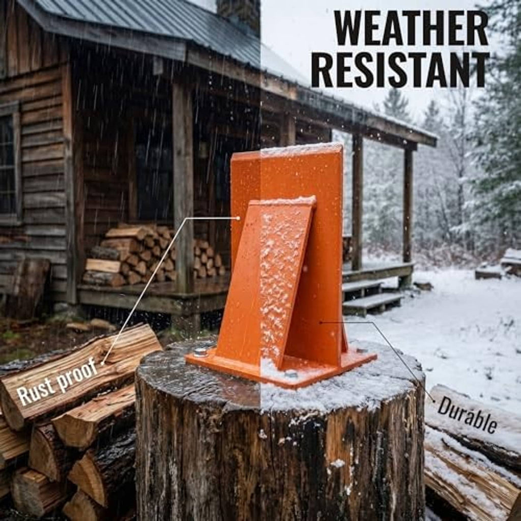 Orange log splitter stand with weather resistant overlay on a stump with screws