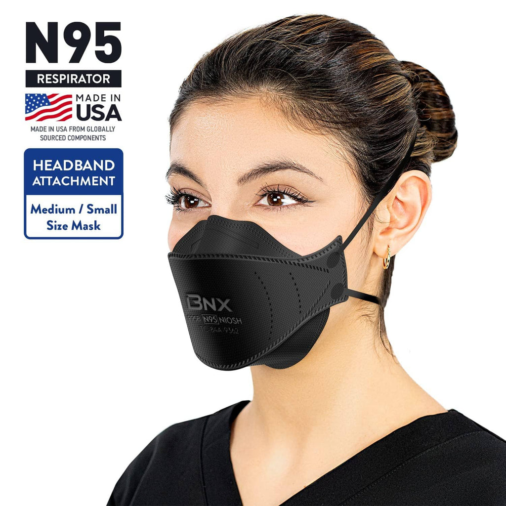 Black N95 respirator mask worn with headband straps on a person