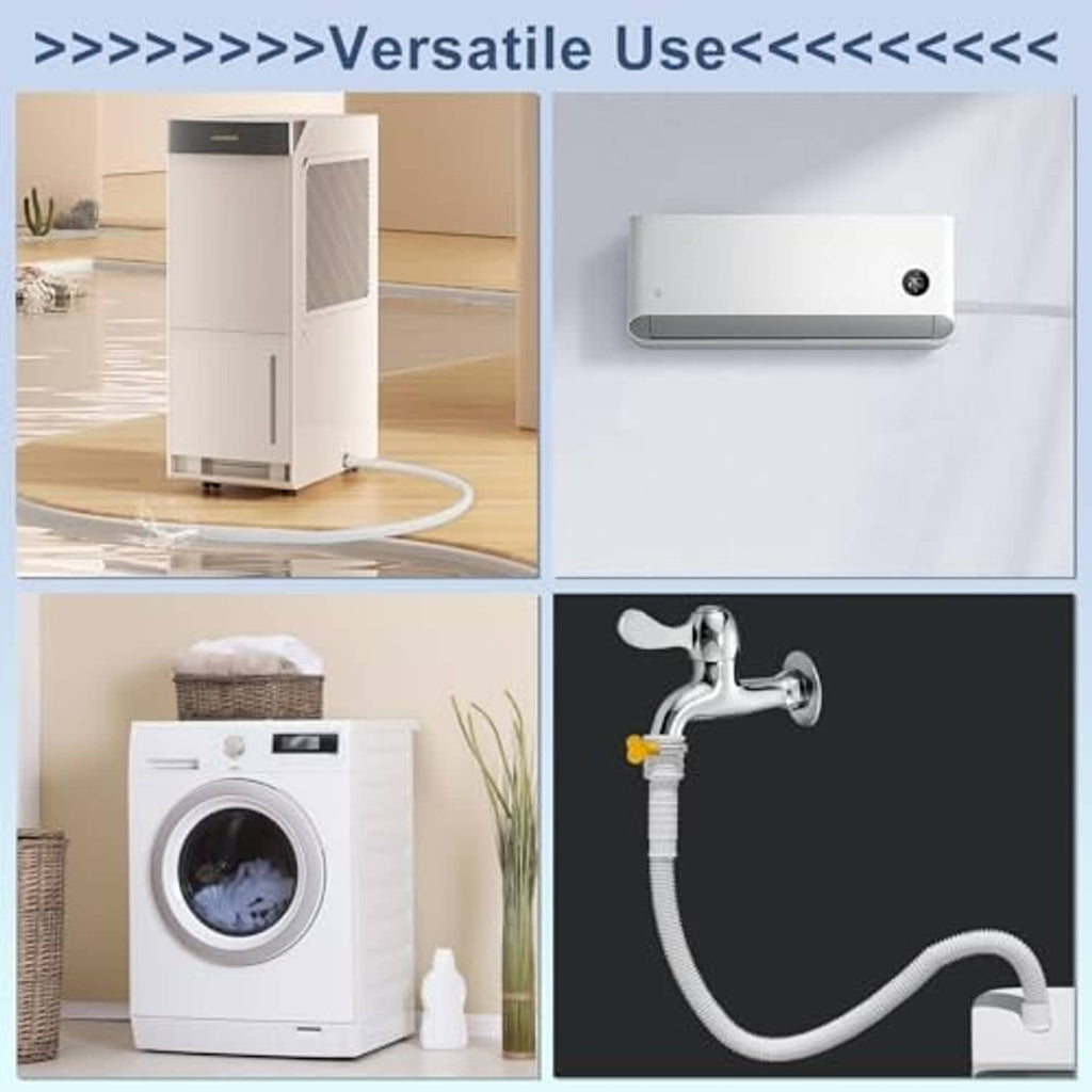 Universal white corrugated drain hose connected to appliance ports with flexible tubing