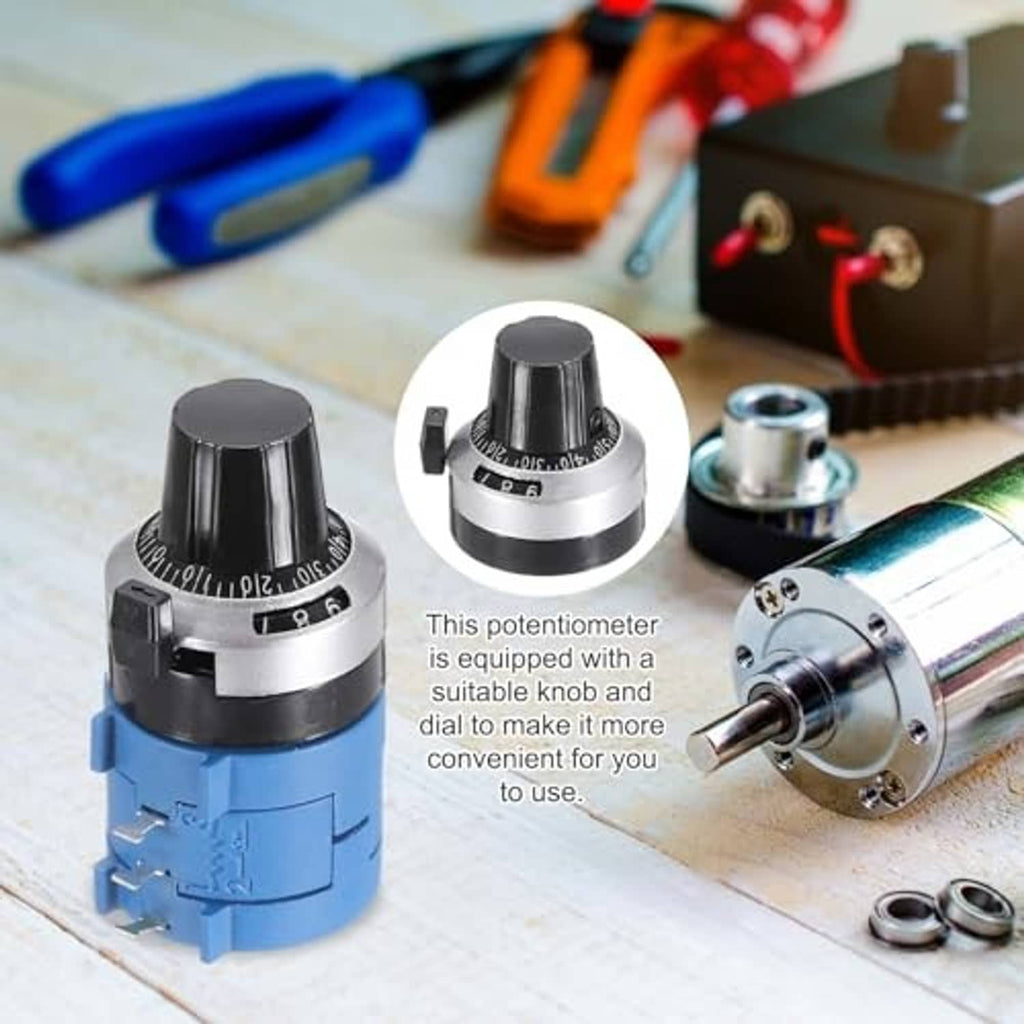 Multi-turn rotary potentiometers on workbench with metal shaft and hex nut hardware