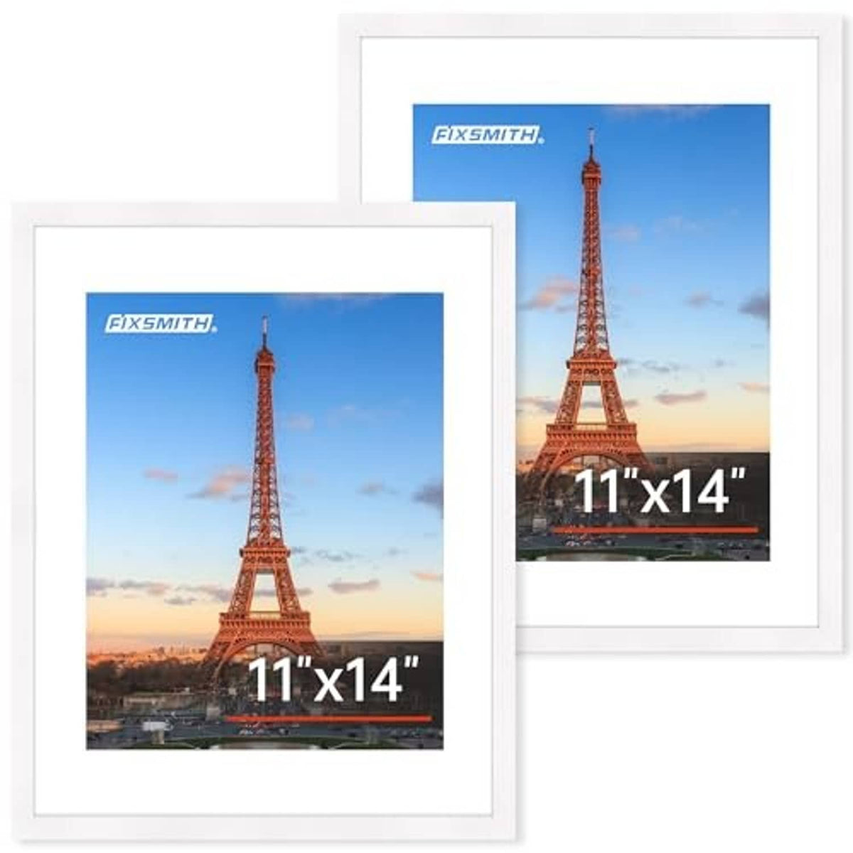 Two overlapping white 11x14 picture frames with clear windows and Paris photo inserts