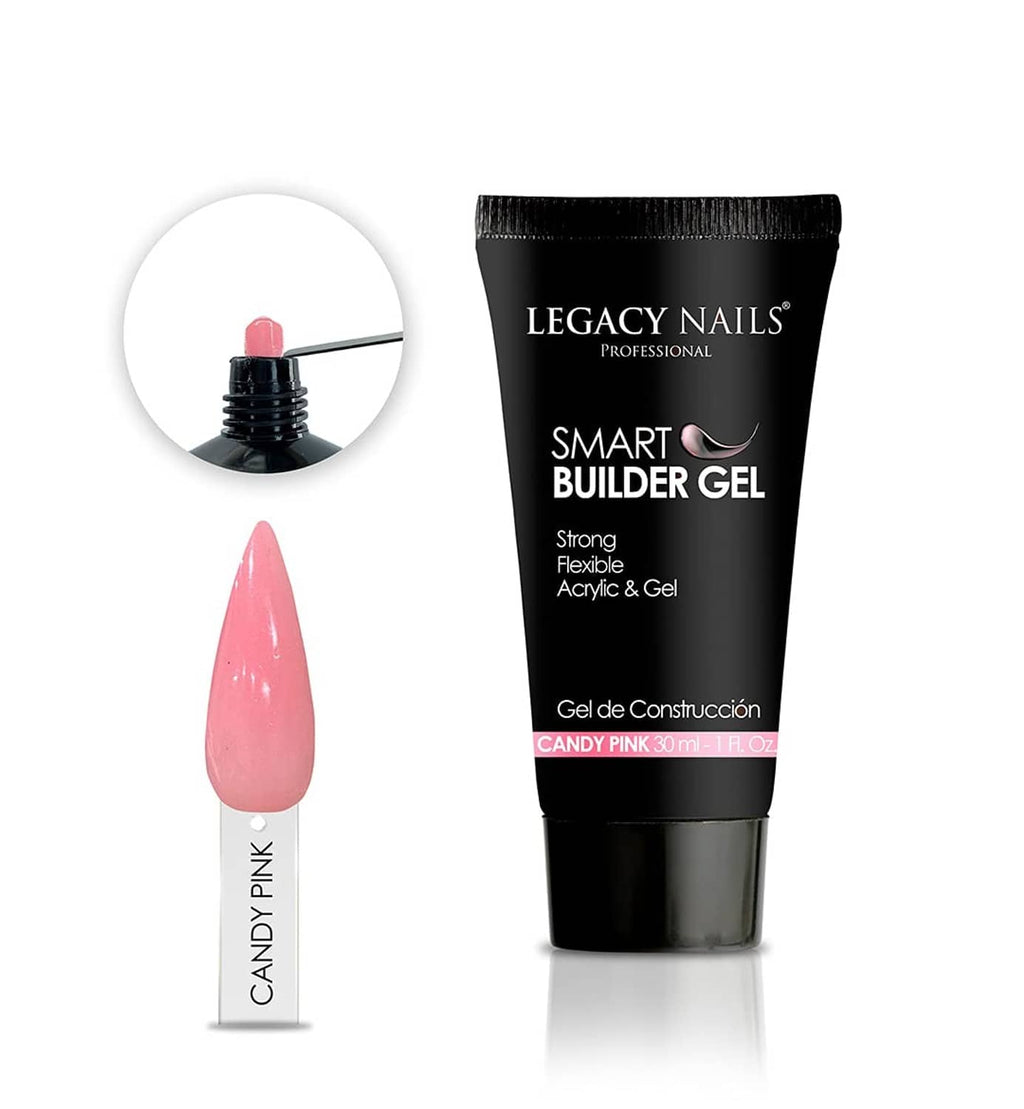 Legacy Nails candy pink nail gel swatch next to smart builder gel tube, glossy pink tip