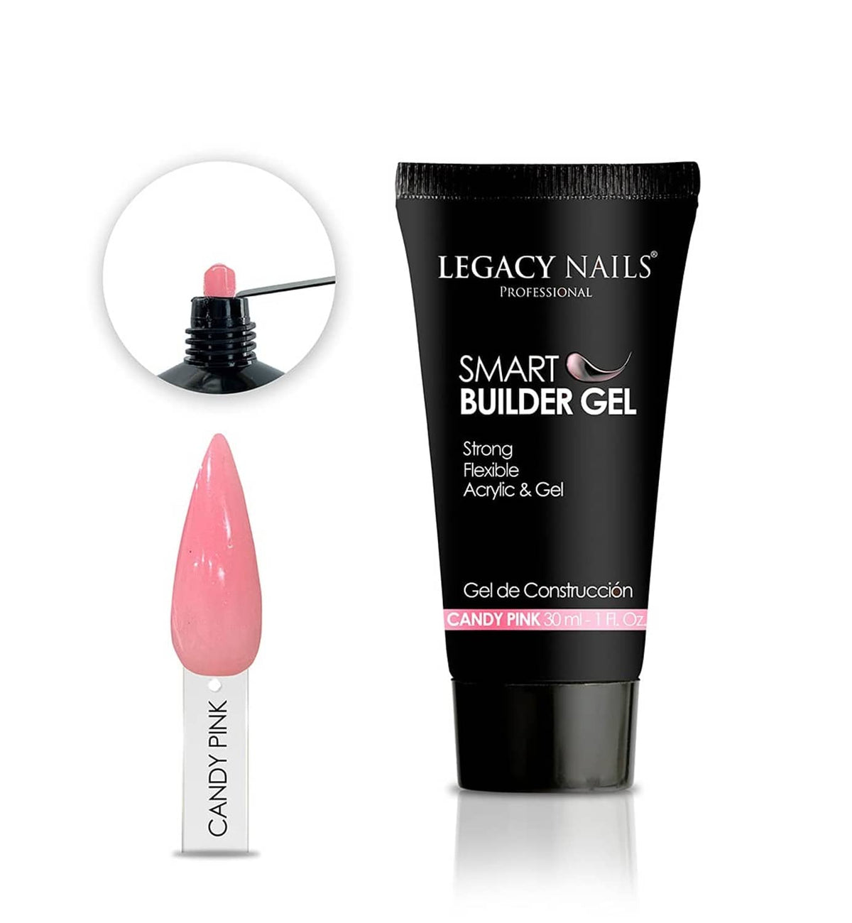 Legacy Nails candy pink nail gel swatch next to smart builder gel tube, glossy pink tip