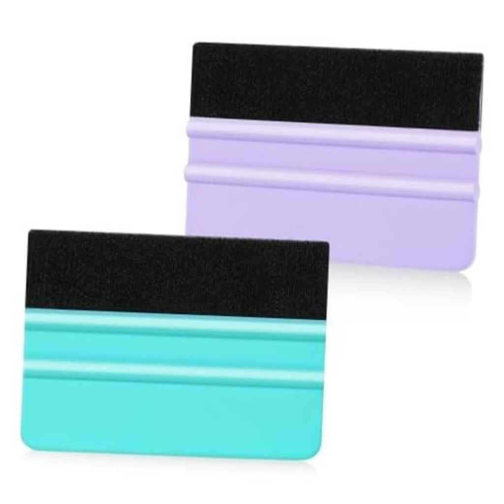 Pair of vinyl squeegees with black felt pads, turquoise and purple plastic bodies